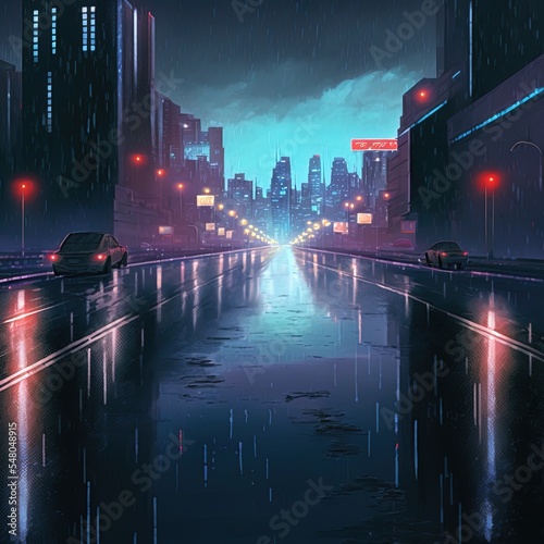Wet surface road leading to mega city at night