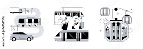 Public transport abstract concept vector illustration set. Surface, underground and cable transport, road and highway, trolleybus, bus stop, subway train station, passenger traffic abstract metaphor.
