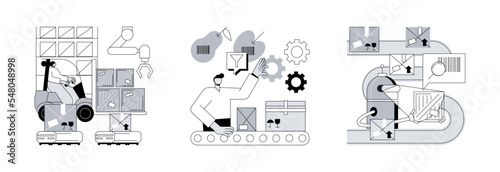 Sorting parcels abstract concept vector illustration set. Warehouse robotization, sortation systems, barcode scanning, forklift, goods storage, conveyor, order processing, QR reader abstract metaphor.