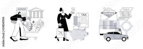Transportation taxes abstract concept vector illustration set. Value added tax system, tax free service, transportation surtax, VAT number, purchase cost, transit service fee abstract metaphor.