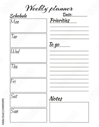 Plans, goals, tasks, installations, distributions, schedule. Personal week planner.