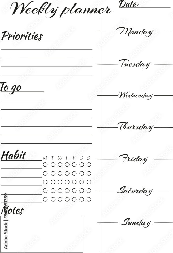Schedule, notes, plans, goals, tasks, reminder. My personal weekly.