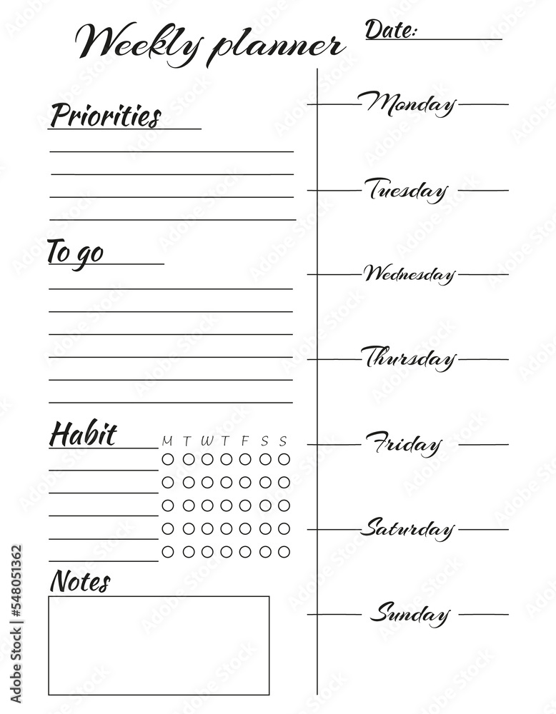 Schedule, notes, plans, goals, tasks, reminder. My personal weekly.