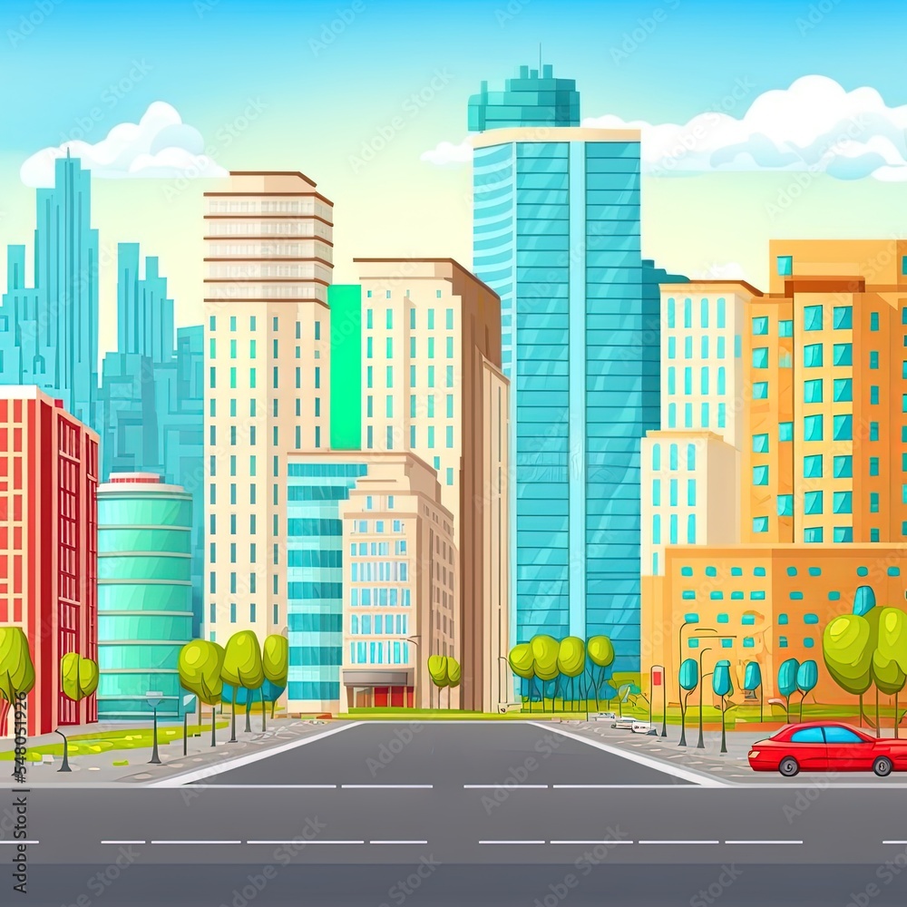 Flat city street landscape with skyscraper and apartment building. town real estate, houses and road. cityscape scene. urban 2d illustrated panorama