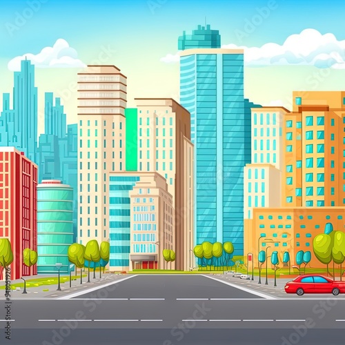 Flat city street landscape with skyscraper and apartment building. town real estate  houses and road. cityscape scene. urban 2d illustrated panorama