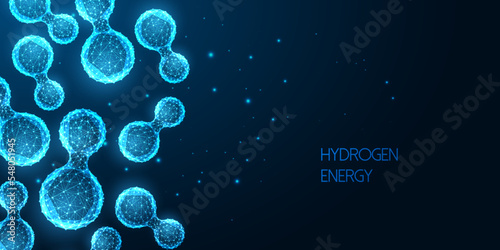 Alternative energy futuristic concept with hydrogen molecules and place for text on blue background  photo