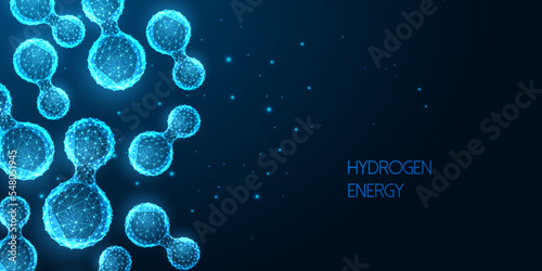 Alternative energy futuristic concept with hydrogen molecules and place for text on blue background 