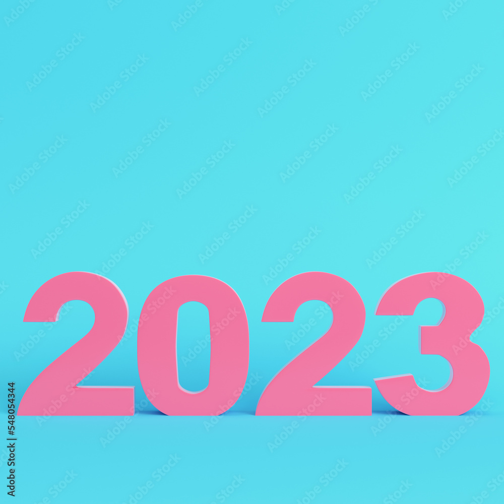Pink 2023 digits on bright blue background in pastel colors. Minimalism concept Pink 2023 digits on bright blue background in pastel colors. Minimalism concept