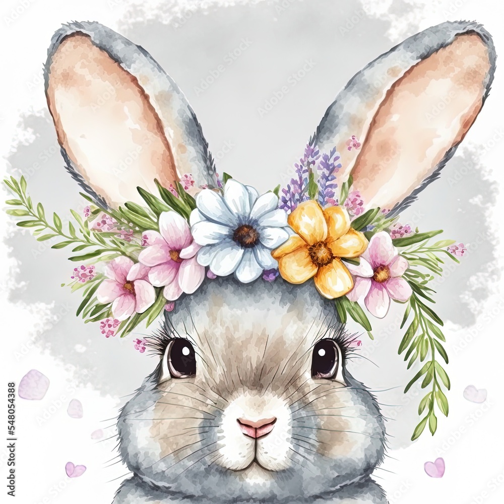 Watercolor easter bunny ears with flower crown Stock イラスト 