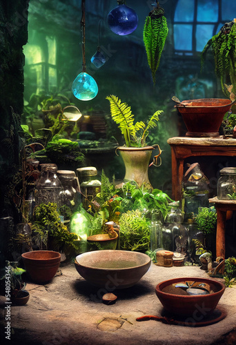 Medieval Witch Laboratory with Crystals and Plants