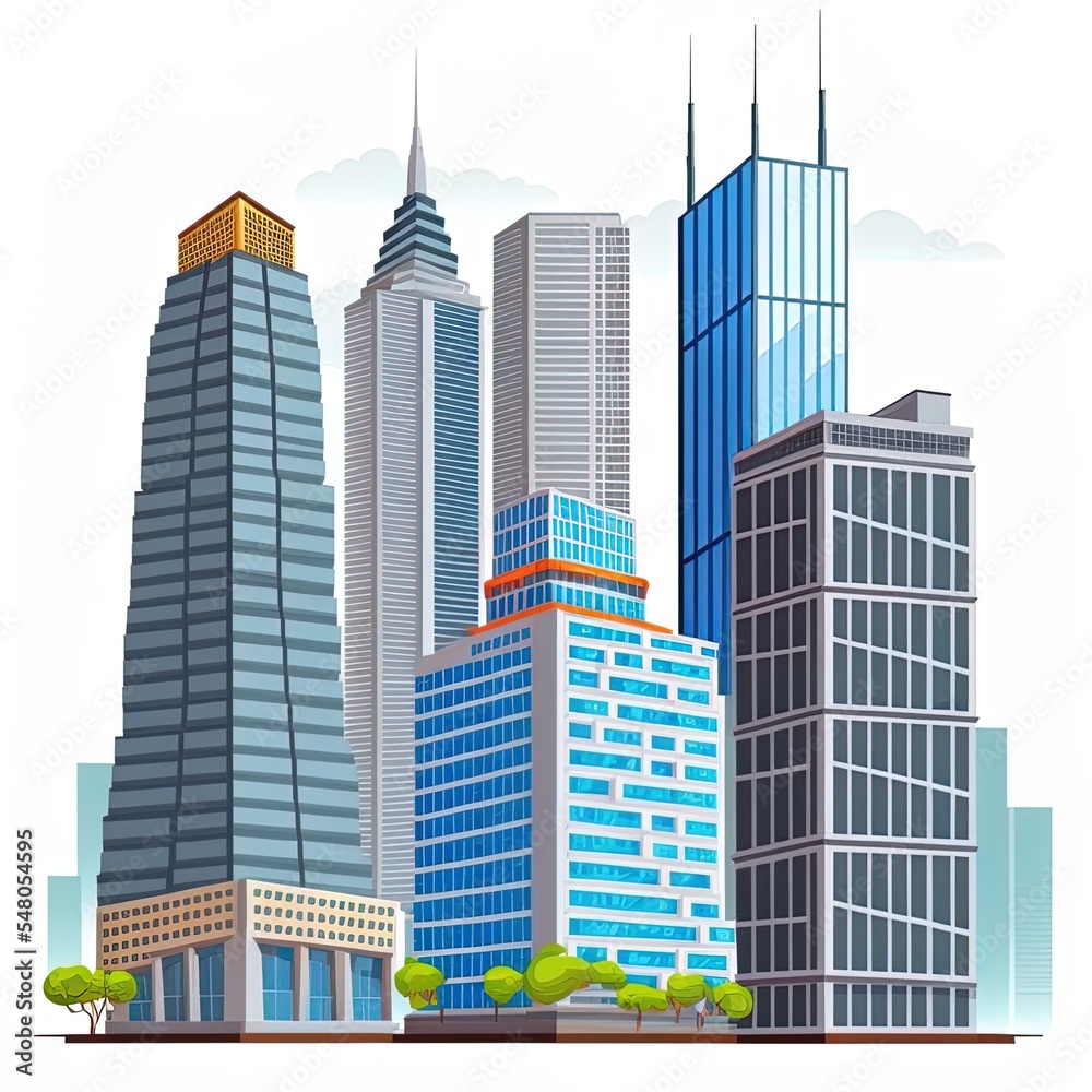 City skyscraper buildings on white background