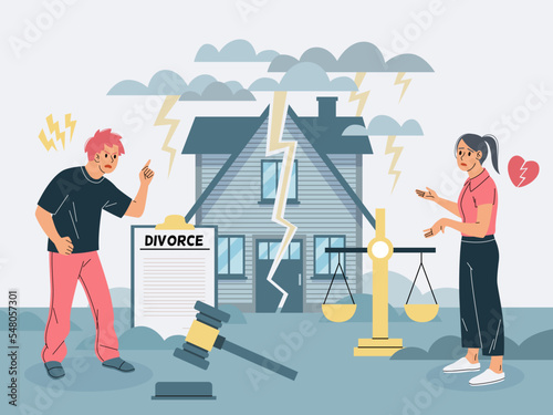 Divorcing couple. Family separation, husband and wife in divorce process and property division, break up relationships, man and woman quarreling and arguing tidy vector cartoon flat concept
