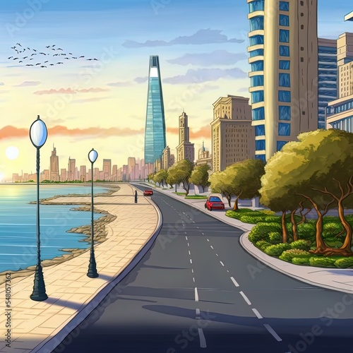 Print op canvas Baku city caspian sea boulevard at suncartoon style time