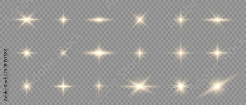 Set of light effects golden glowing light isolated on transparent background. Solar flare with rays and glare. Glow effect. Starburst with shimmering sparkles.