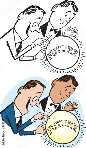 A vintage retro cartoon of a pair of businessman peering into a crystal ball to predict the future. 