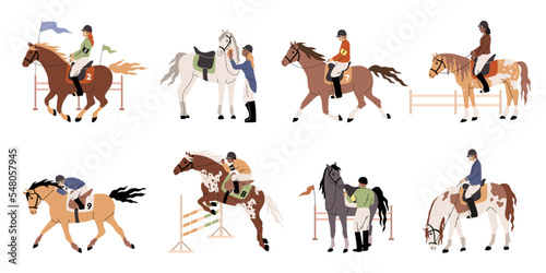 People riding horses. Horsemen in jockey clothes and helmets, professional equestrian, riding training, different stallions, gallop and jump, male and female characters, tidy vector set