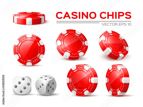 Realistic casino red chips. Gambling accessories collection, different viewing angles, poker and roulette betting, white dice with black dots, fortune game tokens, 3d element utter vector set