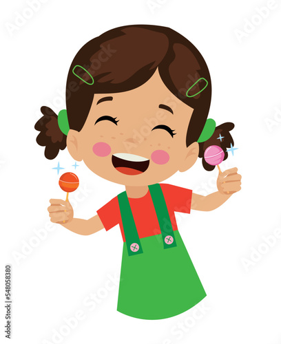 Funny girl holding lolipop Cute cartoon kid with sweet candy