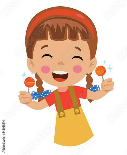 Funny girl holding lolipop Cute cartoon kid with sweet candy