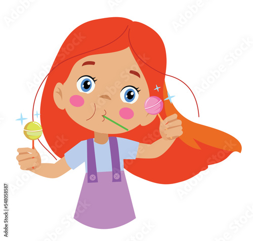 Funny girl holding lolipop Cute cartoon kid with sweet candy