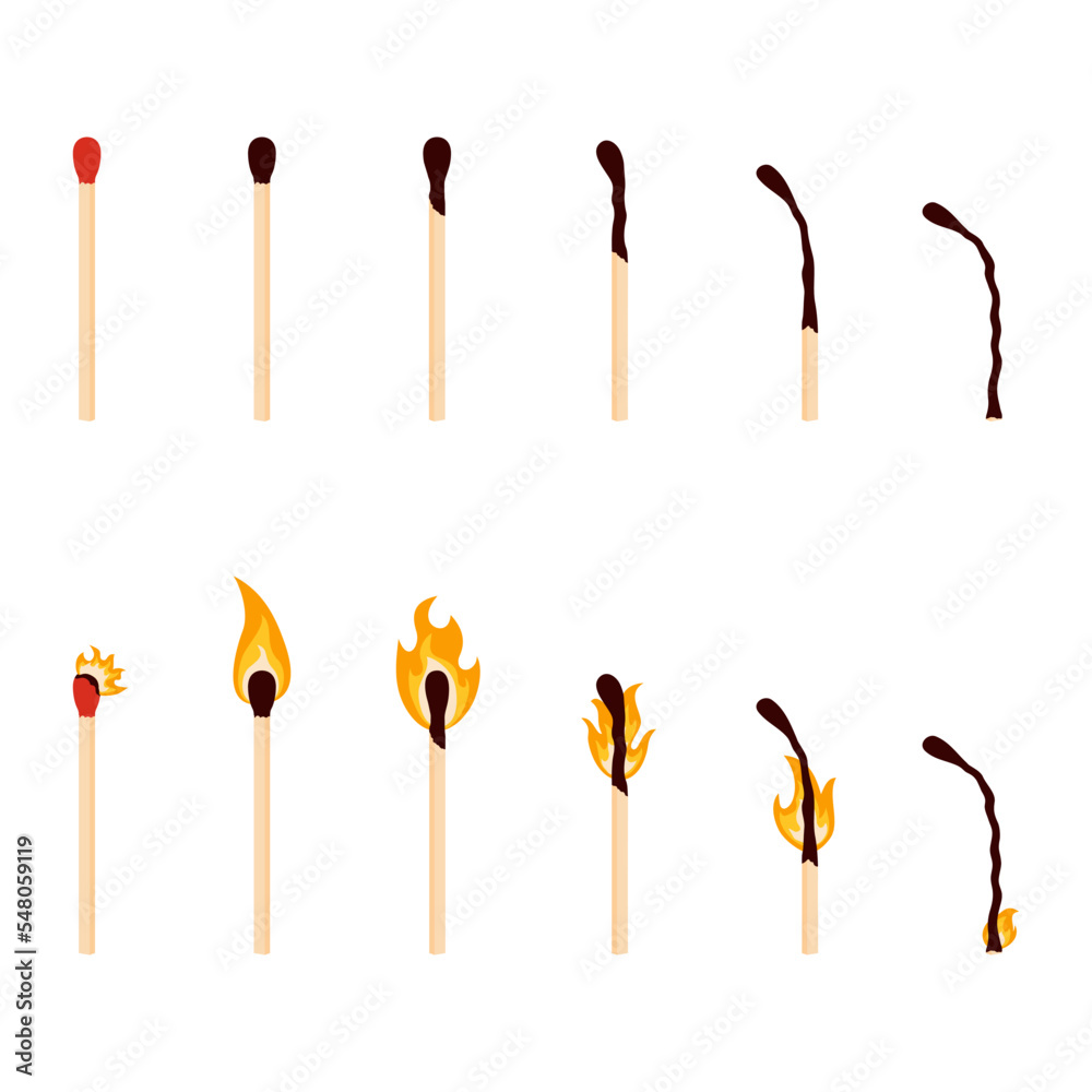 Fire phases of match, isolated on white background. Set of matches of different degrees of burning. Vector illustration