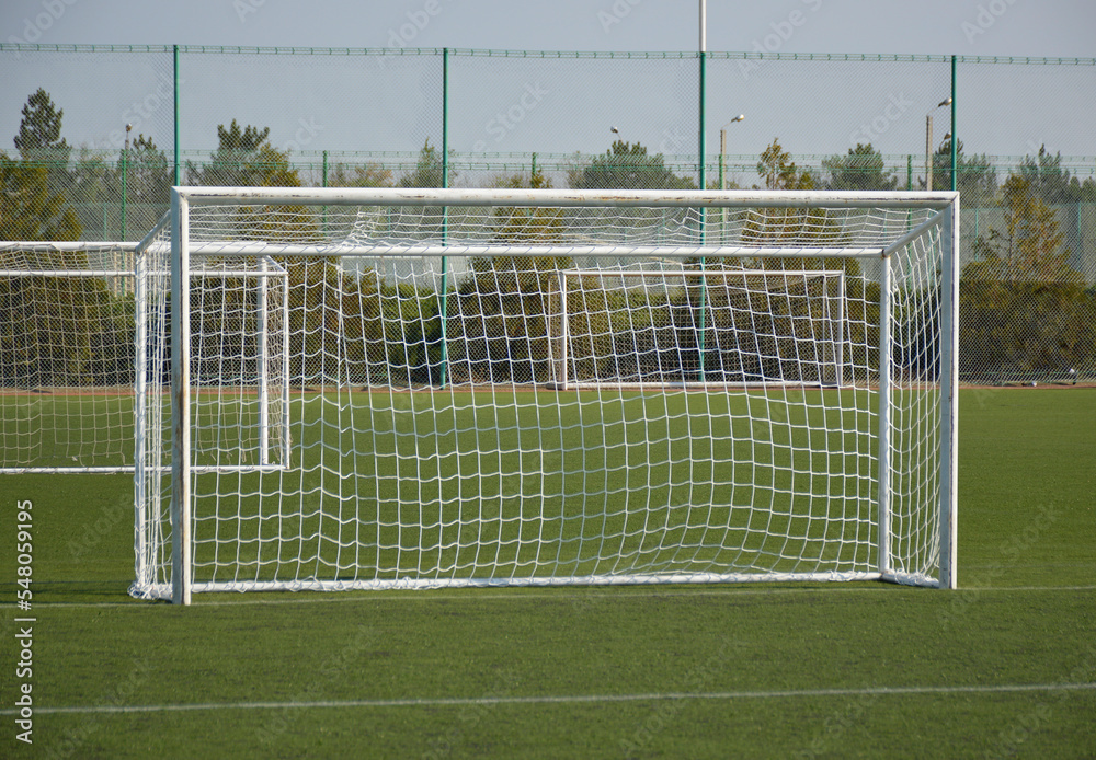 Fototapeta premium empty goal for mini football on the green lawn of the city stadium. preparation for a tournament or mini football championship. healthy lifestyle and active sports