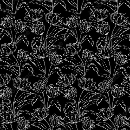 Spring tulips flower, black and white seamless pattern for textile vector background