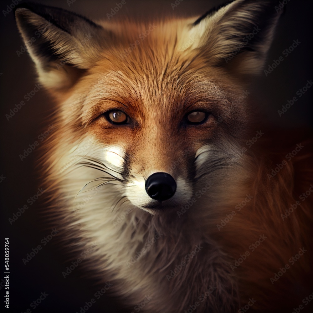 Fototapeta premium a close up of a fox's face with a black background and a blurry background behind it Generative AI