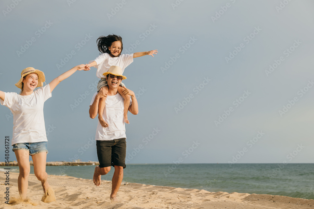 World Tourism Day. Happy people having fun in summer vacation on beach ...