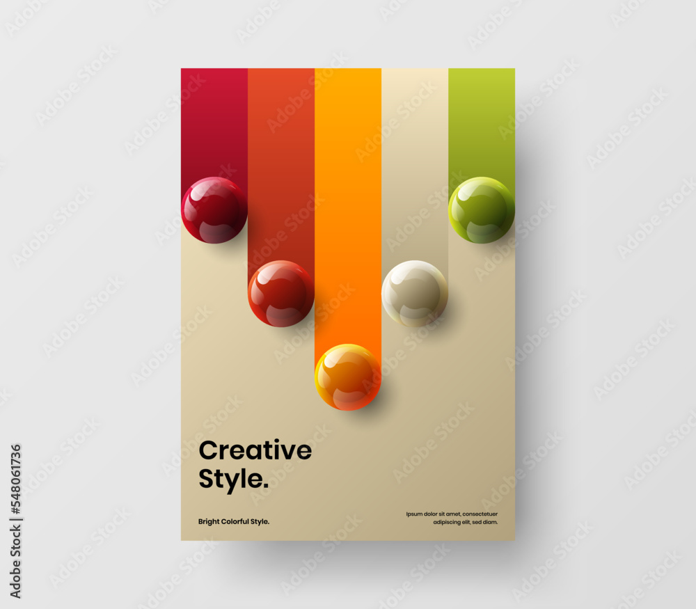 Clean 3D spheres company brochure layout. Trendy handbill A4 vector design concept.
