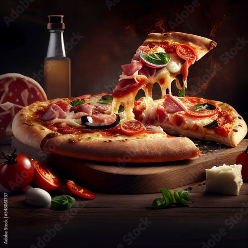 delicious pizza with ingredients on wooden board