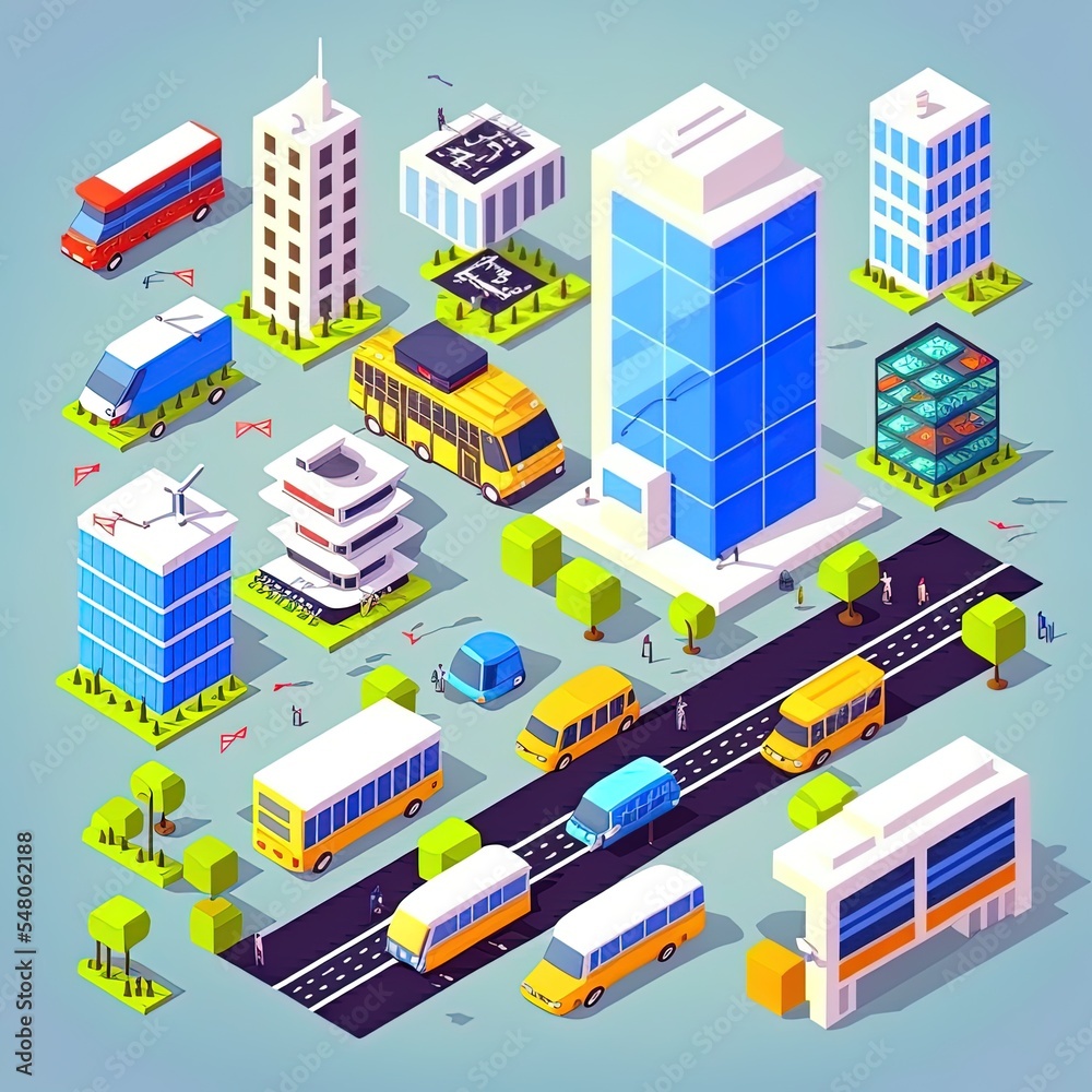 Isometric icons urban transport architecture environment cartoon style with isolated images of modern city buildings with different functions 2d illustrated illustration