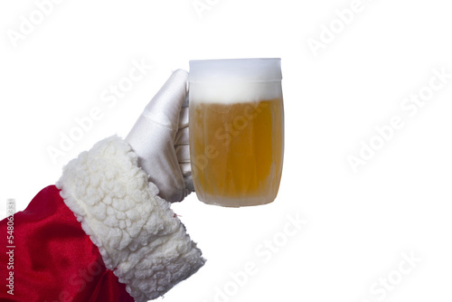Closeup of Santa Claus's hand holding a mug of beer.	Transparent background