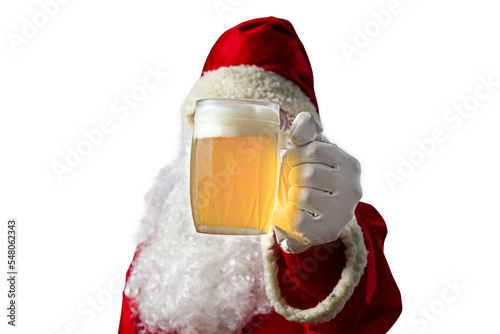 Santa Claus with a mug of beer. Transparent background and selective focus.