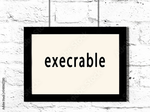 Black frame hanging on white brick wall with inscription execrable photo