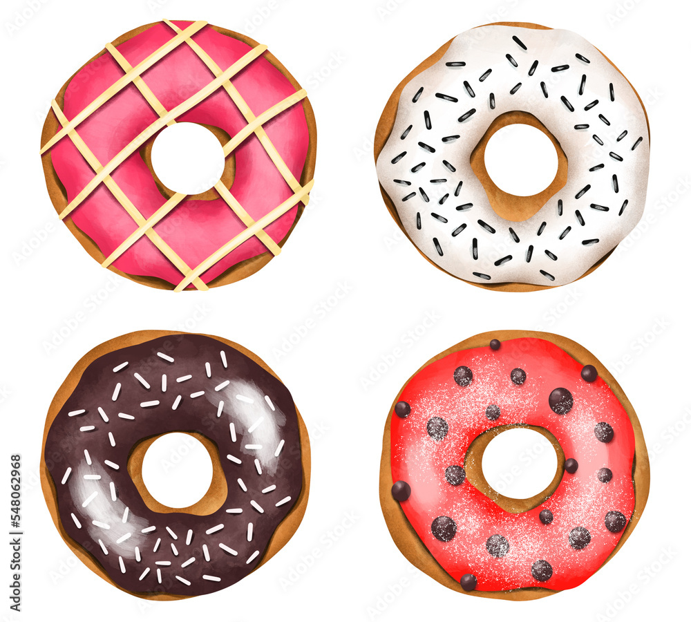 Fototapeta premium Set of colored round glazed donuts, hand drawn isolated illustration, watercolor donuts clipart