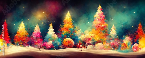 beautiful and colorful illustration of a winter forest at christmas time for a greetings card background photo