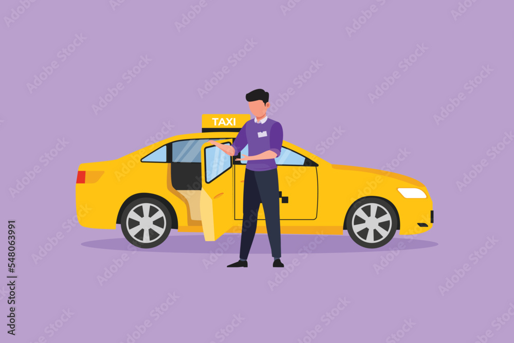 Graphic flat design drawing male taxi drivers are inviting prospective passengers to get inside and deliver them to their destination. Modern transportation in urban. Cartoon style vector illustration - obrazy, fototapety, plakaty 