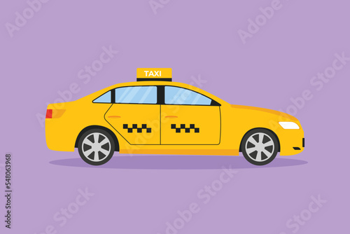Cartoon flat style drawing newest modern taxi car uses a meter, GPS, and can be ordered online. Technological advances in transportation. Vehicle in urban lifestyle. Graphic design vector illustration