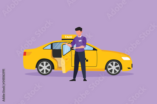 Graphic flat design drawing male taxi drivers are inviting prospective passengers to get inside and deliver them to their destination. Modern transportation in urban. Cartoon style vector illustration photo