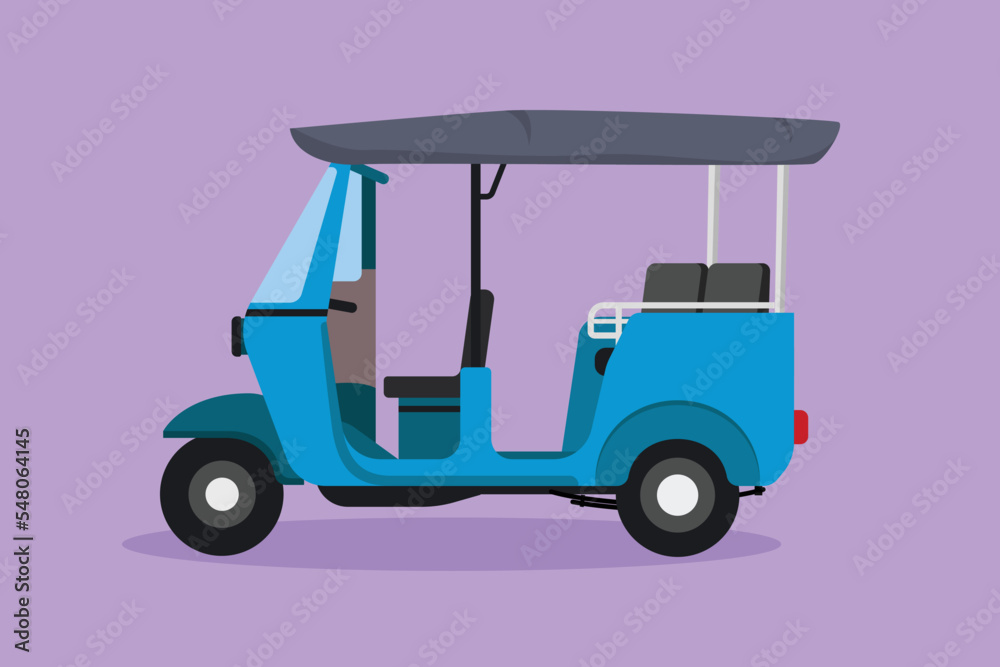 Graphic flat design drawing side view of Thai tuk tuk serving foreign passengers who are traveling in Thailand. Become a tourism icon and traditional transportation. Cartoon style vector illustration