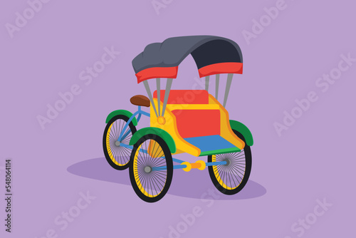 Cartoon flat style drawing pedicab with three wheels and passenger seat at front and driver control at the rear often found in Indonesia. Traditional transportation. Graphic design vector illustration photo