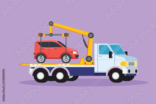 Graphic flat design drawing tow truck is transporting broken car on top of it with crane. The car is taken to garage for service. Service assistance on the highway. Cartoon style vector illustration