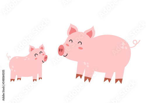Mother pig with her baby piglet. Cute farm animal characters - mom and her child. Mother Day print for kids. Vector illustration