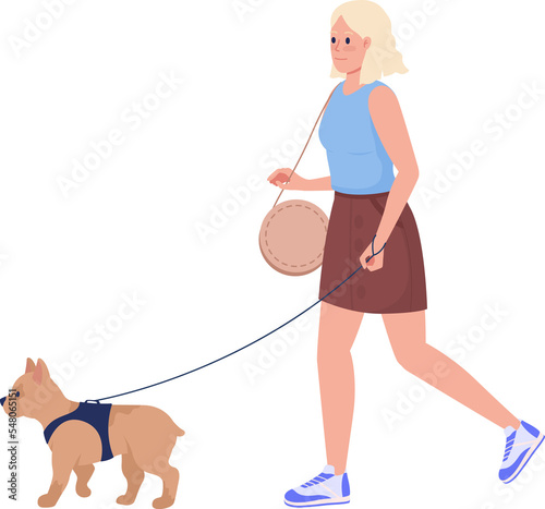 Young lady walking small dog on street semi flat color raster characters. Walking figures. Full body person on white. Simple cartoon style illustration for web graphic design and animation