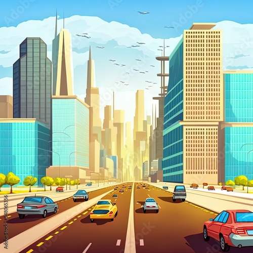 Cars on highway to town. city road perspective view, urban landscape with cars and car travel 2d illustrated cartoon illustration. automobiles riding towards megalopolis with skyscrapers and modern bu