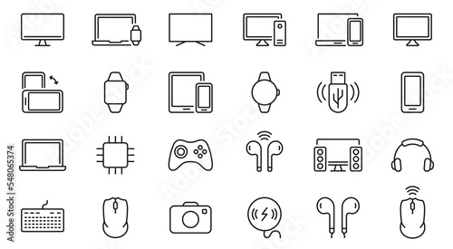 Modern Electronic Wireless Equipment Line Icon Set. PC, Computer, Monitor, Smartphone, Camera, Keyboard, Headphone Pictogram. Devices Outline Symbol. Editable Stroke. Isolated Vector Illustration