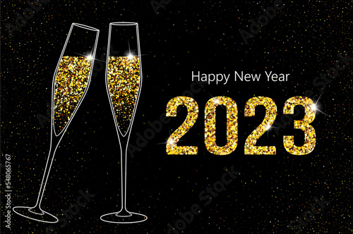 2023 Happy New Year. Champagne glasses vector illustration. Restaurant glassware. Bubbly in glass. Champagne glasses flat icons, fizzy champaign in goblet. Holiday gold glitter confetti. 2023 New Year