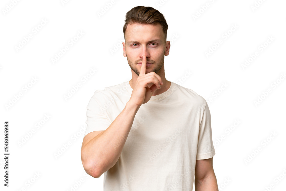 Young blonde caucasian man over isolated background showing a sign of silence gesture putting finger in mouth Young blonde caucasian man over isolated background showing a sign of silence gesture putting finger in mouth
