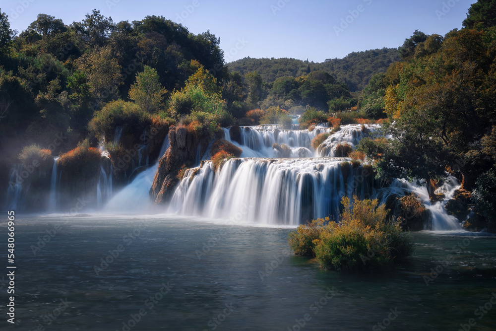 Cascade waterfalls in Krka National park in Croatia in summer. Croatia. Krka. Summer. Cascade waterfalls in Krka National park in Croatia in summer. Croatia. Krka. Summer.